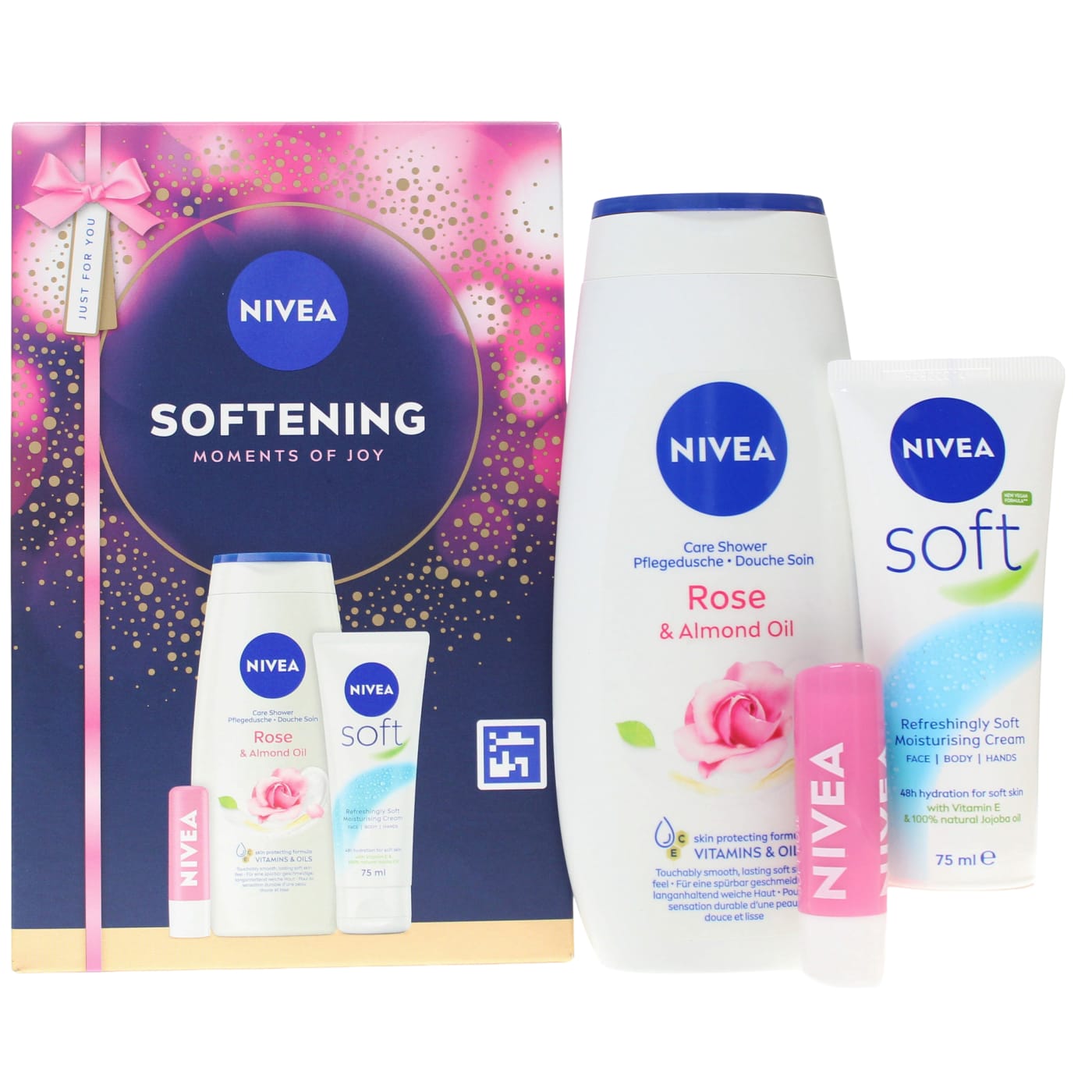 NIVEA SOFTENING MOMENTS OF JOY 3PC (LIP BALM, SHOWER CREAM, 75ML MOISTURISING CREAM) 250ML